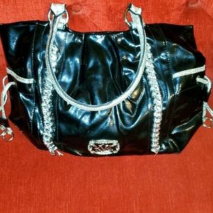 Kathy Van Zeeland black & silver patent leather bag